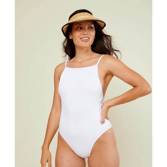 Andie Swim The Paloma White Ribbed One Piece Swimsuit Lace Back Square Neck Sz M - Picture 1 of 16